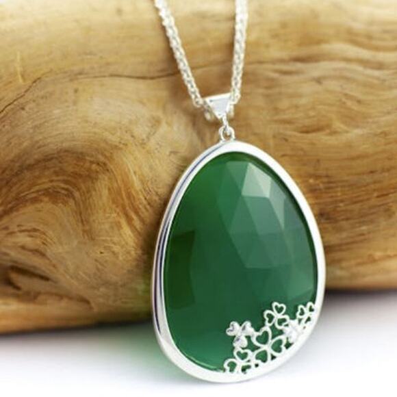 JMH Sterling Silver Shamrock Green Onyx Pendant Necklace Ireland Irish Clover - Picture 9 of 10